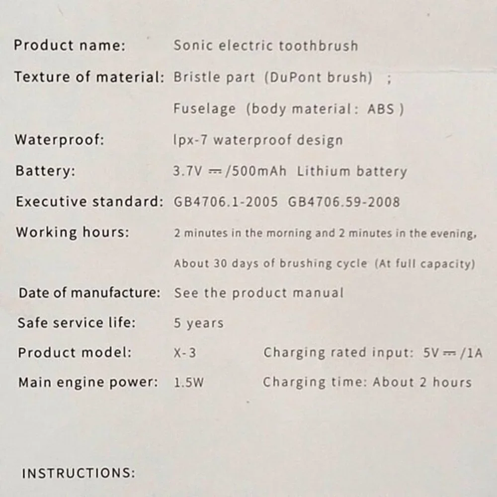 X-3 Sonic Electric Toothbrush IPX7 Waterproof Rechargeable Black